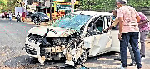 The mangled remains of the car