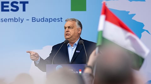 Hungarian Prime Minister Viktor Orbán speaks during an assembly of European far-right parties with Orbán’s Patriots for Europe group, in Budapest, Hungary, Monday, March 23, 2026.