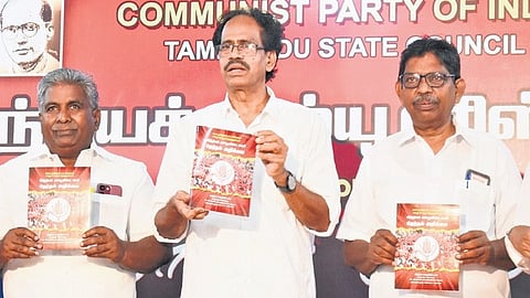 CPI state secretary M Veerapandian, along with other party functionaries, releasing the election manifesto on Tuesday.