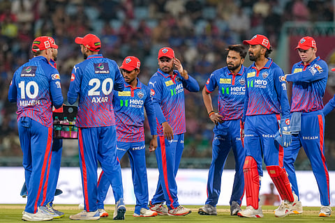 Delhi Capitals' captain Axar Patel, 20, with teammates celebrates after the wicket of Lucknow Super Giants' captain Rishabh Pant during the Indian Premier League (IPL) 2026 cricket match between Lucknow Super Giants and Delhi Capitals, at Ekana Stadium in Lucknow, Wednesday, April 1, 2026.
