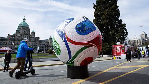 Soccer fans gathered on the grounds of the legislature to take part in the FIFA World Cup 2026 countdown celebration event in Victoria, B.C., on Tuesday, March 31, 2026.