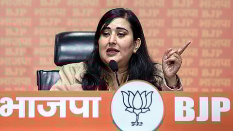 BJP MP Bansuri Swaraj speaks during the press conference in New Delhi.