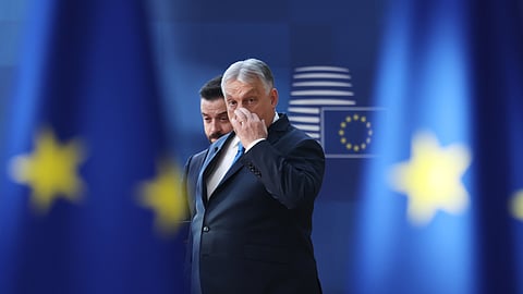 Hungary's Prime Minister Viktor Orban arrives for the EU summit at the European Council building in Brussels, Thursday, March 19, 2026.