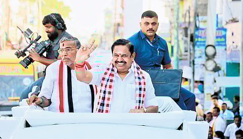 AIADMK general secretary Edappadi K Palaniswami along with K P Anbalagan during his campaign tour in Dharmapuri on Thursday