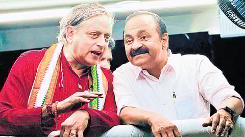 MP Shashi Tharoor with Leader of Opposition V D Satheesan during a roadshow in Paravur.