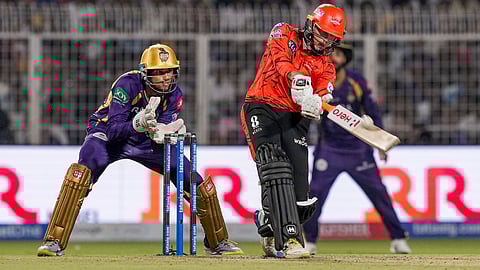 Sunrisers Hyderabad's Abhishek Sharma, right, plays a shot during the IPL 2026 cricket match between KKR and Sunrisers Hyderabad, at Eden Gardens in Kolkata, West Bengal, Thursday, April 2, 2026.