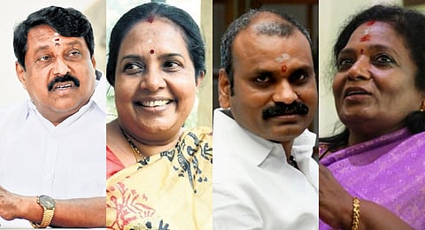 From left to right: BJP state president Nainar Nagendran, BJP national Mahila Morcha president Vanathi Srinivasan, Union minister L Murugan, and former Telangana governor Tamilisai Soundararajan.