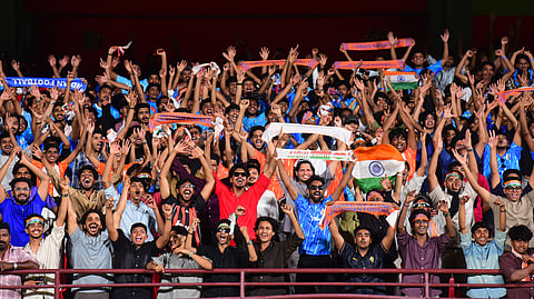 Indian team fans celebrating their Victory against Hong Kong during the in the AFC Asian Cup 2027 Qualifying Final Round match held at Jawaharlal Nehru International Stadium, Kaloor in Kochi on Tuesday.