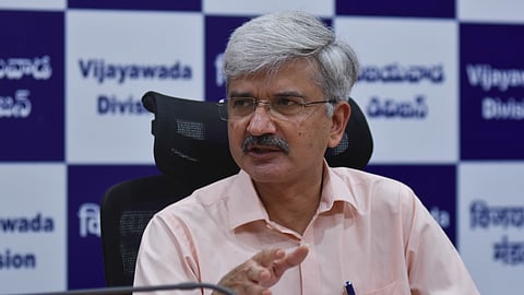 Vijayawada division DRM Mohit Sonakia addressing the media during the press conference on Thursday.