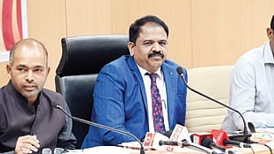 BCU Vice-Chancellor Ramesh B (centre) addresses the media in Bengaluru on Friday