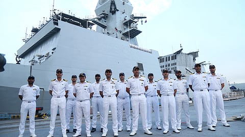 Captain Hemanth Gopal, Commanding Officer of INS Taragiri along with his crew ahead of its commissioning at the Eastern Naval Command in Visakhapatnam.