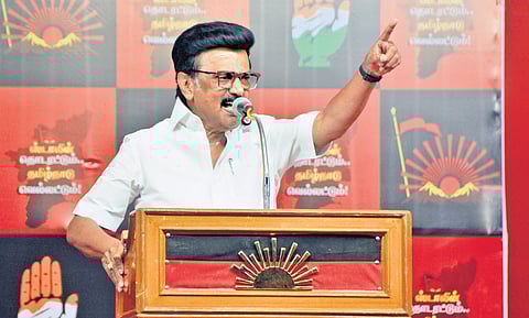 Chief Minister MK Stalin addressing a public meeting in Tirunelveli | V KARTHIK ALAGU