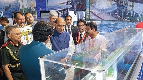Defence Minister Rajnath Singh laying the foundation stone for LCT at NSTL in Vizag on Friday.