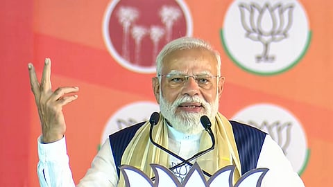 Prime Minister Narendra Modi addresses a public meeting ahead of the Kerala Assembly elections, in Thiruvalla, Kerala.