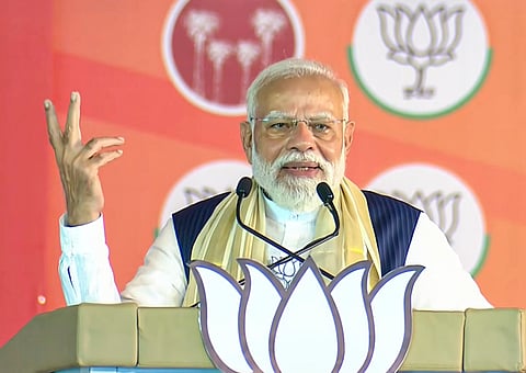 Prime Minister Narendra Modi addresses a public meeting ahead of the Kerala Assembly elections, in Thiruvalla, Kerala.