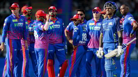 Mumbai Indians' captain Suryakumar Yadav reacts after his dismissal during an Indian Premier League (IPL) 2026 T20 cricket match between Delhi Capitals and Mumbai Indians, in New Delhi, Saturday, April 4, 2026.