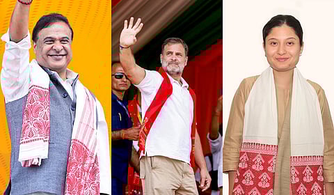 From left to right: Assam CM Himanta Biswa Sarma, Congress leader Rahul Gandhi and Assam Jatiya Parishad candidate Kunki Chowdhury.
