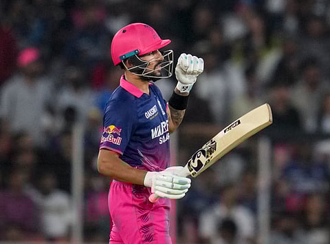 Rajasthan Royals' Dhruv Jurel celebrates his half century during an Indian Premier League (IPL) 2026 T20 cricket match between Gujarat Titans and Rajasthan Royals, in Ahmedabad, Gujarat, Saturday, April 4, 2026.