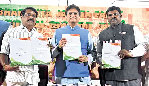 Union Minister Piyush Goyal and other BJP leaders releasing the white paper on ‘Tamil Nadu’s finances’