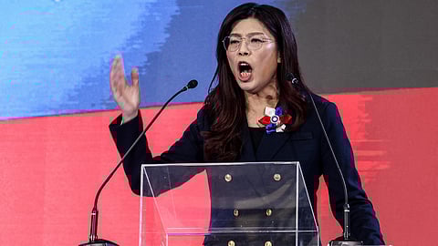Kuomintang (KMT) leader Cheng Li-wun delivers her speech during the KMT's 12th National Congress in Taipei on November 1, 2025.