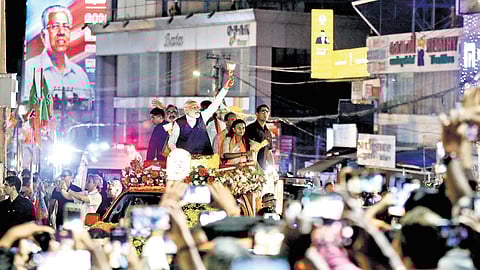 Prime Minister Narendra Modi accompanied by party candidates during a roadshow at Karamana in Thiruvananthapuram on Saturday.