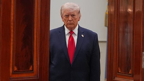 President Donald Trump arrives to speak about the Iran war from the Cross Hall of the White House on Wednesday, April 1, 2026, in Washington.