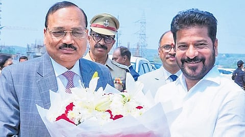 Chief Justice of India Surya Kant with Chief Minister A Revanth Reddy during the foundation stone laying ceremony for the High Court complex