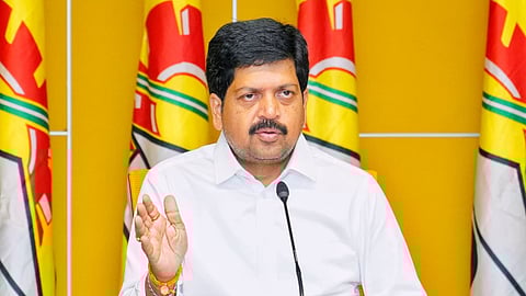 Minister Kollu Ravindra addressing the media on Saturday.