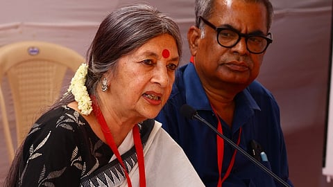 Politburo member Brinda Karat addressing in media during the CPM's 24th Party congress held in Madurai.