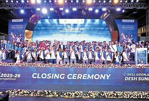 Participants of the IndiaSkills 2025-26 posing for a photograph on the closing ceremony of the event on Saturday