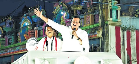 PMK chief Anbumani Ramadoss during an election campaign at Saidapet on Saturday where he canvassed for G Senthamizhan | Express