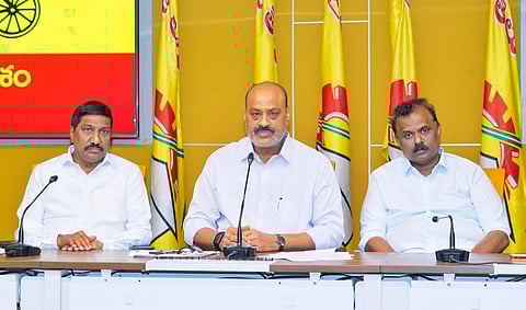 Ministers BC Janardhan Reddy, Kinjarapu Atchannaidu and Anagani Satya Prasad during the press conference on Saturday.