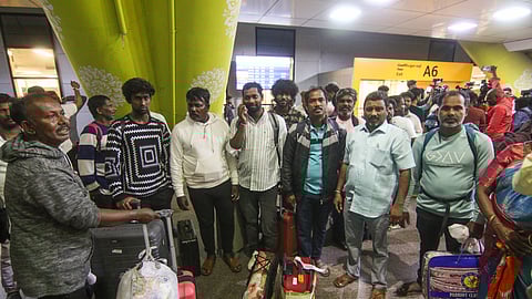 Fishermen who were stranded in Iran amid the West Asia conflict arrive at the Chennai International Airport on Saturday.