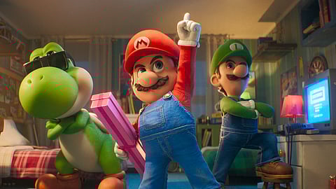 This image released by Universal Pictures shows Yoshi, voiced by Donald Glover, left, Mario, voiced by Chris Pratt, center, and Luigi, voiced by Charlie Day, in a scene from "The Super Mario Galaxy Movie".