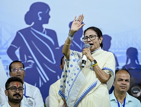 West Bengal Chief Minister Mamata Banerjee addresses a public meeting.