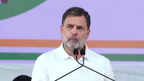 Congress leader and Leader of Opposition in the Lok Sabha Rahul Gandhi speaking at an election rally in Lawspet on Monday