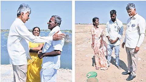 CM Nara Chandrababu Naidu interacts with farmers at the Pendekallu reservoir in Tadipatri constituency on Monday