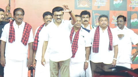 Chief Minister MK Stalin with DMK alliance candidates at a campaign meeting in Madurai on Sunday.