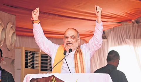 Union Home Minister Amit Shah addressing a campaign meeting at Manadipet in Puducherry on Monday