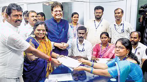 BJP’s Mylapore Assembly constituency candidate Tamilisai Soundararajan filing her nomination papers in Chennai on Monday