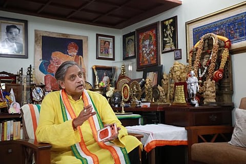 Shashi Tharoor, Member of Parliament, speaks during an interview.