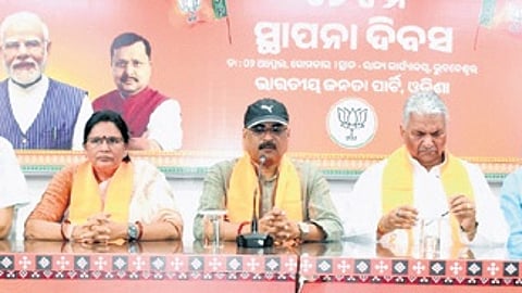 Dy CM Pravati Parida, Revenue minister Suresh Pujari and other leaders at the BJP foundation day programme in Bhubaneswar on Monday