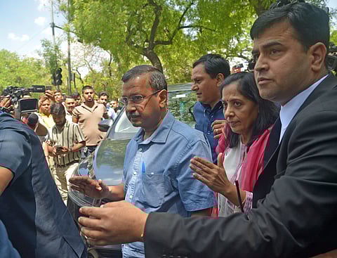 Former CM Arvind Kejriwal outside the Delhi High Court on Monday.