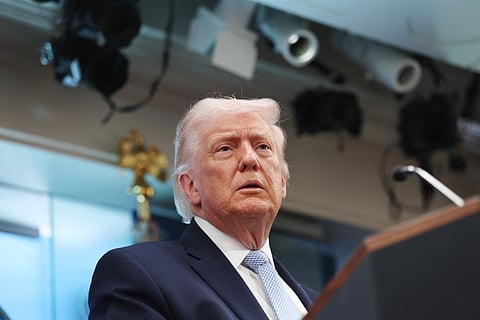 U.S. President Donald Trump attends a news conference in James S. Brady Press Briefing Room of the White House on April 06, 2026 in Washington, DC.