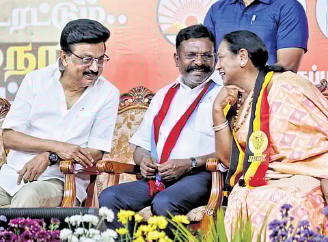 Chief Minister MK Stalin with VCK chief Thol Thirumavalavan and DMDK general secretary Premalatha Vijayakanth during a campaign event in Cuddalore.