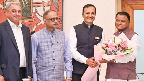 MP Naveen Jindal greets Chief Minister Mohan Charan Majhi before a meeting with steel makers at Lok Seva Bhawan.