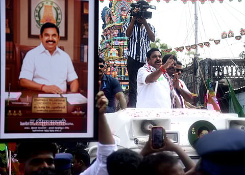 AIADMK general secretary Edapaddi K Palanisamy during an election campaign in the Velachery constituency.