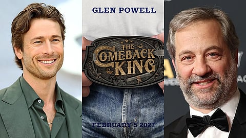 Glen Powell (L), The Comeback King poster (M), Judd Apatow