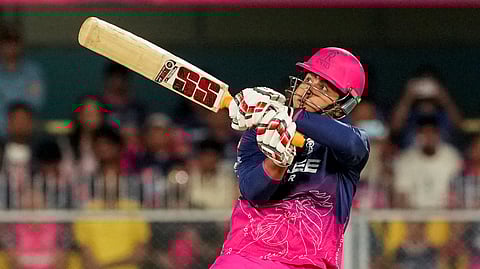 Rajasthan Royals' Vaibhav Sooryavanshi plays a shot during an IPL 2026 T20 cricket match between Rajasthan Royals and Mumbai Indians, in Guwahati, Tuesday, April 7, 2026.