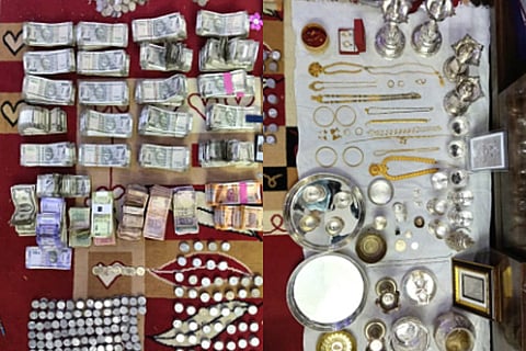 Currency notes, gold and silver items unearthed during the raids